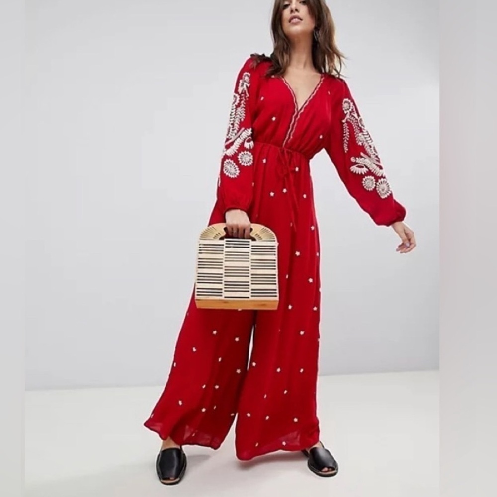 FREE PEOPLE Red Embroidered Wide Leg Jumpsuit XS